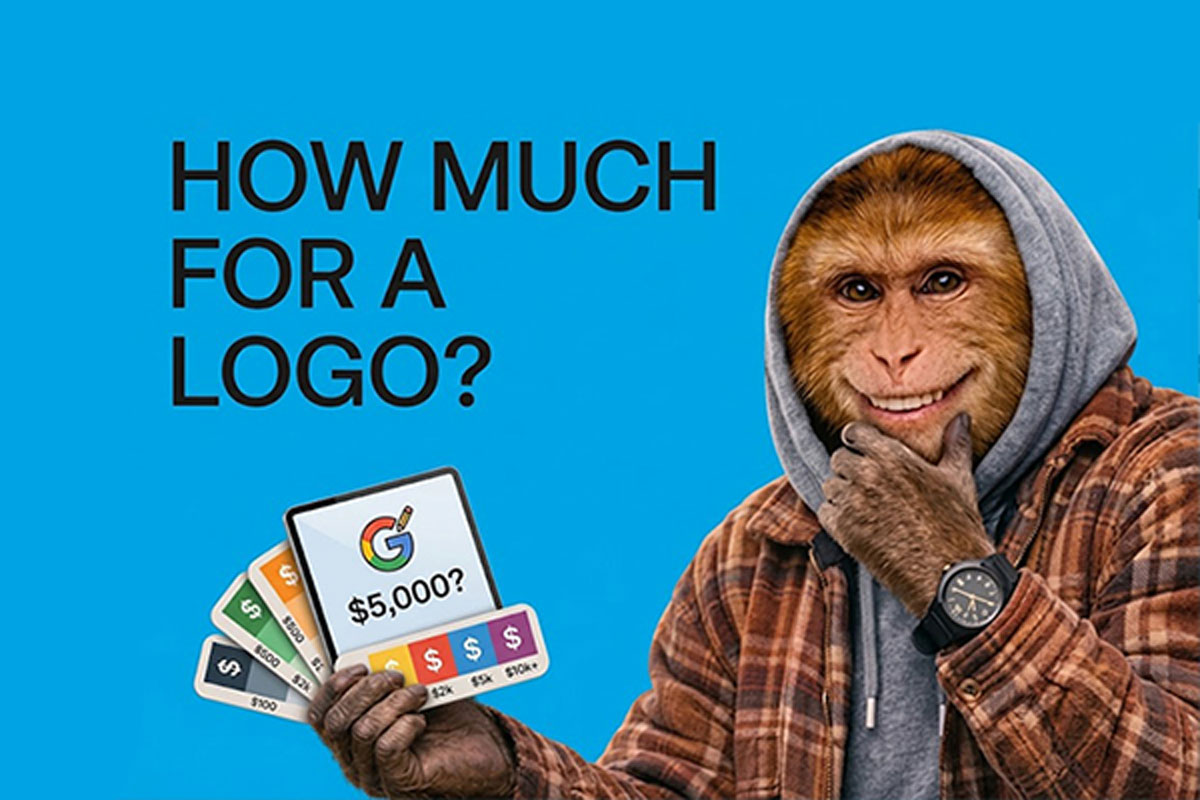 A monkey-faced figure in a hoodie and plaid jacket holding pricing cards from $5 to $100K and a tablet showing $5,000 against a bright blue background with the text ‘How Much For a Logo?’